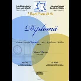 Diploma de participare in cadrul Festivalului International de muzica corala "A ruginit frunza din vii", Editia a IV-a, 2011